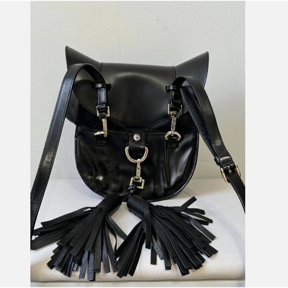 LUANA Italy Minerva Black Leather Studded Tassel Witch Wise Owl Crossbody Bag - Picture 3 of 9